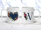 Romantic Floral Heart Navy Personalized Coffee Mug