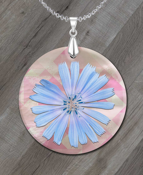 Floral Image with Artistic Angles Background Round LumaShell Necklace