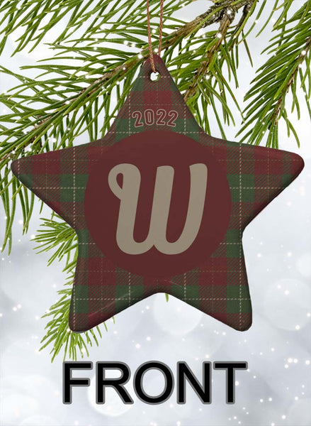 Monogramed Star Porcelain Ornament with Holiday Patterns