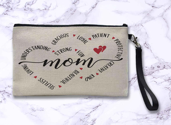 Mom Double Heart Linen Zipper Bag